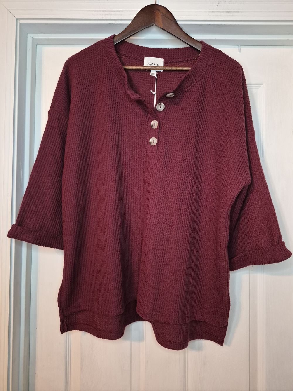 Andree By Unit Burgundy Waffle Knit Henley Top XL NWT